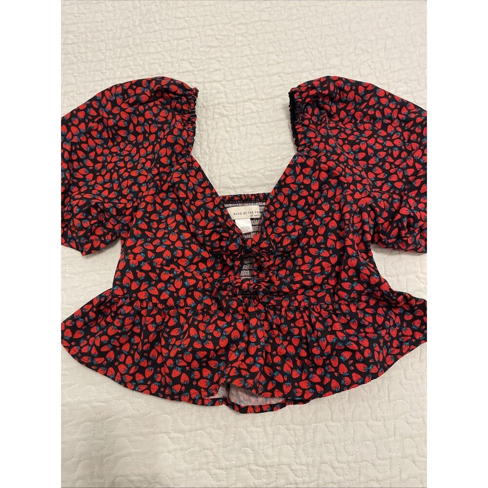 Ruffled Puff Sleeve Top Baby Doll Open Front Women's L Large Blouse Crop